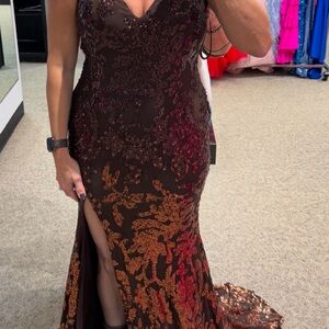 Jovani Prom Dress in Elegant Brown with Vibrant Orange Accents